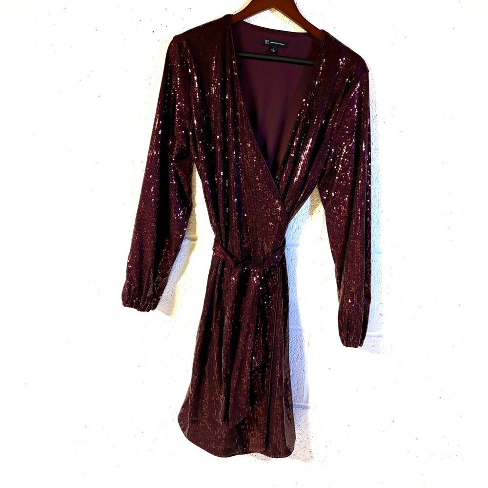 INC International Concepts Burgundy sequined wrap dress Size Large EUC
